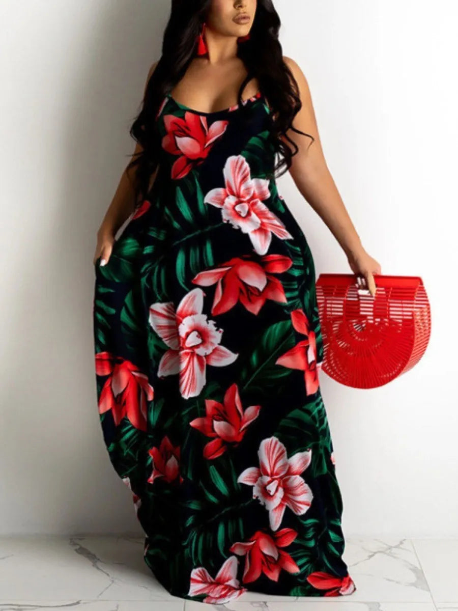 LW Plus Size Boho U Neck Floral Print Yellow Floor Length Dress 2023 NEW summer Spaghetti Strap Long Dress Elegant Maxi Vestidos