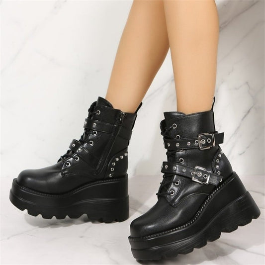 2023 Autumn/Winter Platform High Wedge  Heels Black Gothic Calf Boots Women&#39;s Shoes Large 43