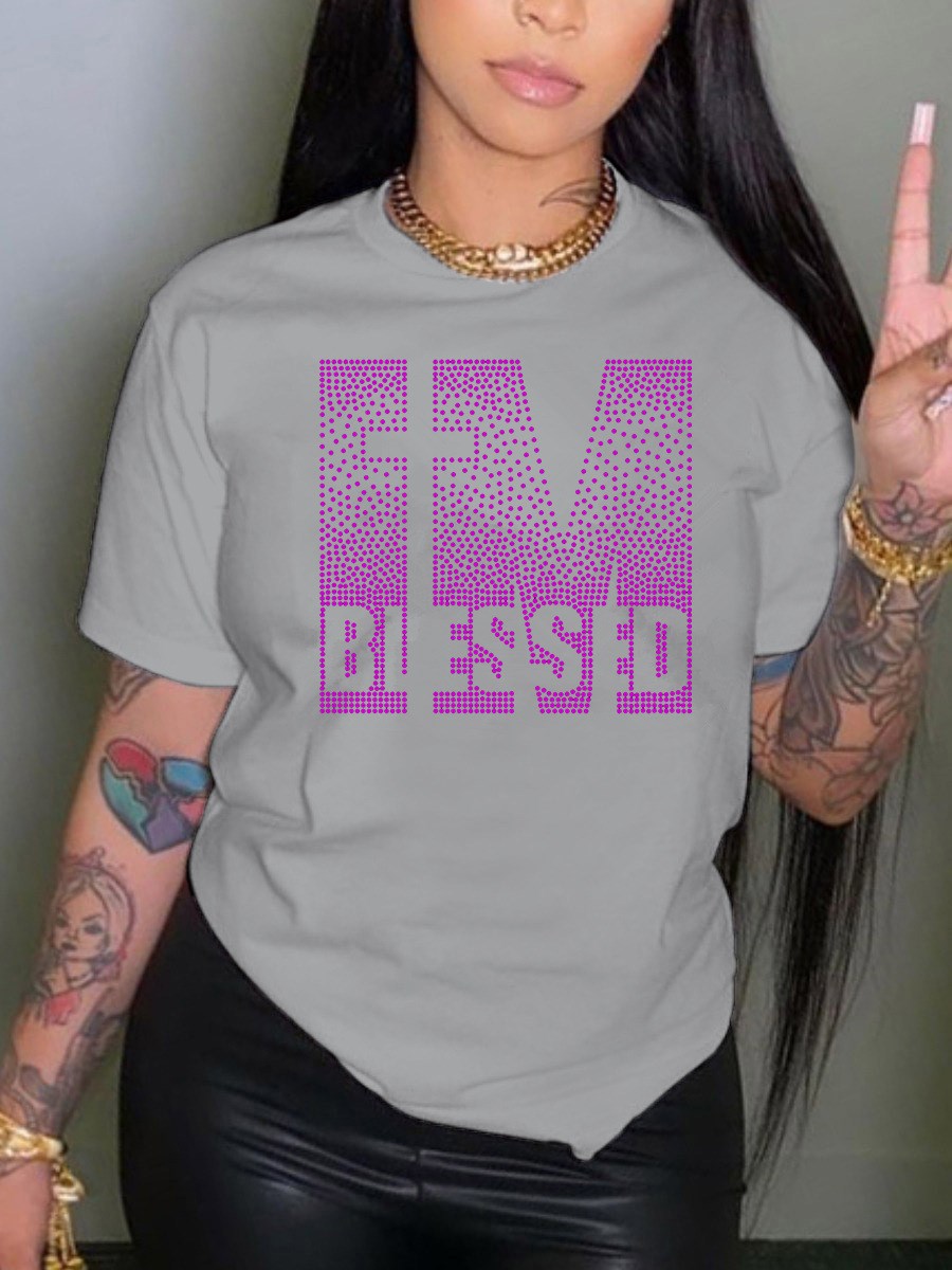 LW Plus Size Summer Women Round Neck Tee Tops Rhinestone Blessed Letter T-shirt  Casual Short Sleeve Crop Tops Sexy T-shirt