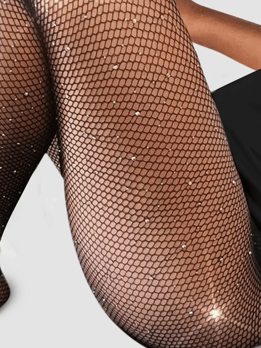 LW SXY Rhinestone Mesh High Stretchy Leggings Fishnet Heart Print High Waist See Through Pantyhose(Suitable For Up to 80 Kg)