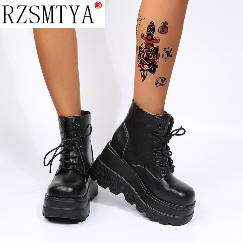 Brand Design Street Cool Fashion Black Gothic Style Boots High Heels Platform Wedges Woman Shoes Casual Ankle Boots Big Size