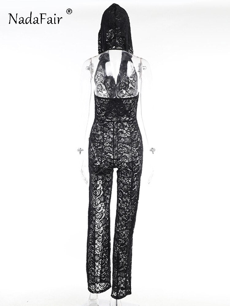 Nadafair Hoodie Jumpsuits Women Summer Y2K Fashion 2023 Lace See Through Black White Sleeveless Backless Split Sexy Pants One Pi