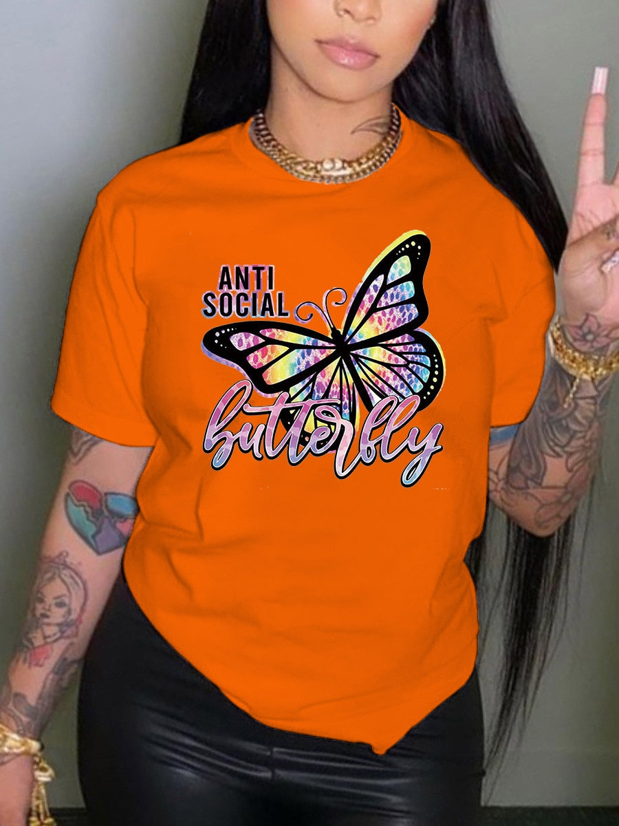 LW Plus Size Tops Rhinestone Butterfly Letter Print T-shirt L-5XL Regular Short Sleeve Positioning Printing O Neck Tee For Women