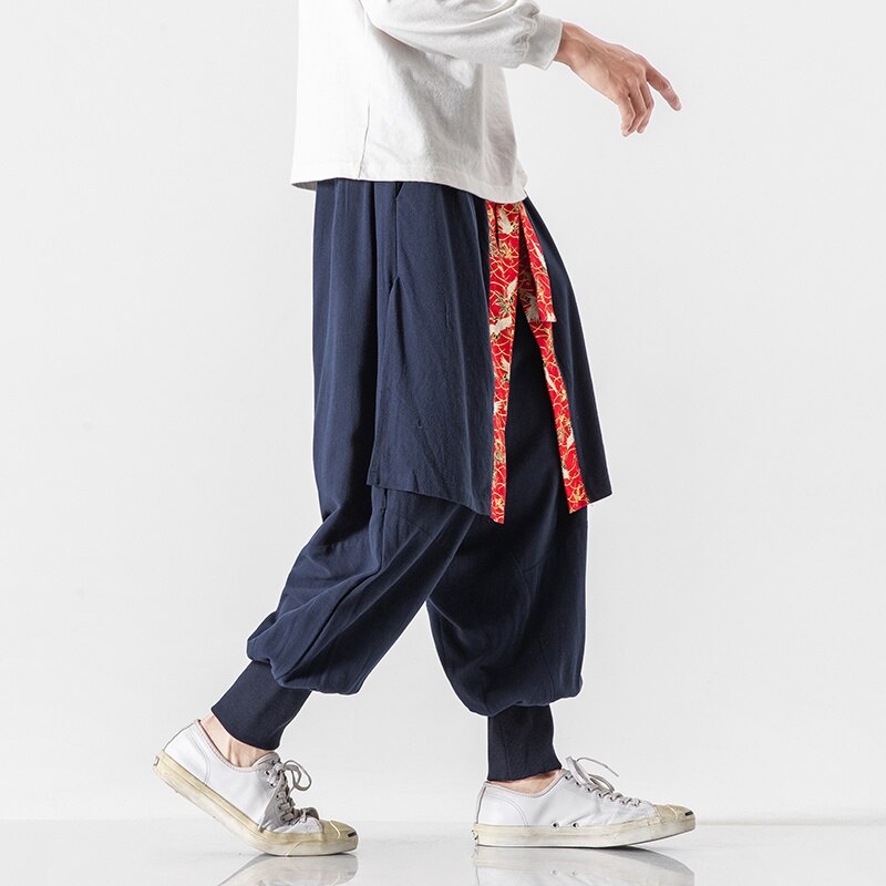 MrGB Large Size Men&#39;s Chinese Style Crane Graphic Casual Pants Cotton Linen Harem Pants Vintage Elastic Waist Male Trousers