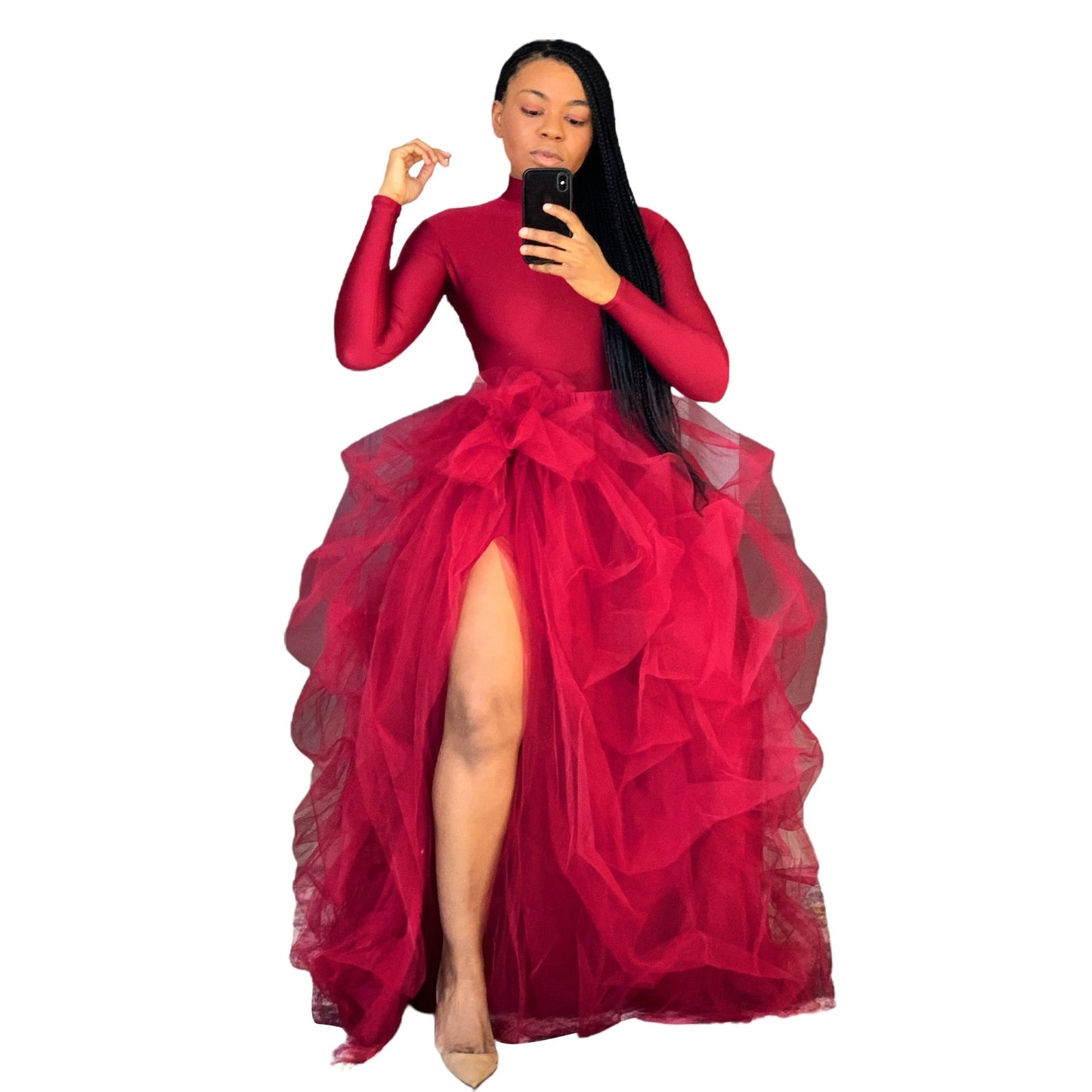 LW Plus Size Split Ball Gown Puffy Skirt 2022 Casual Elastic Mesh Puffy Women&#39;s Irregular Ball Gown Lady Oversize Tulle Skirt