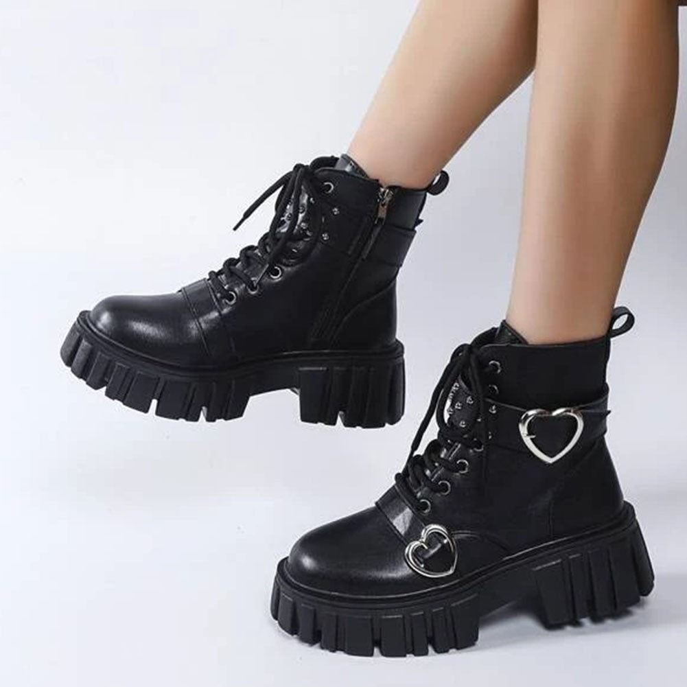 Women Black Lace Up Minimalist Side Zip Flat Artificial Microfiber Leather Combat Boots