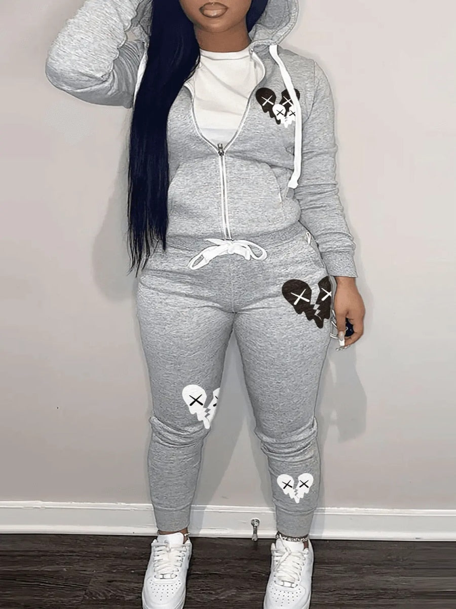 LW Simple Two Piece Set Women Casual Sporty Long Sleeve Zipper Design Top Hooded Collar Broken Heart Print Female Tracksuit Set