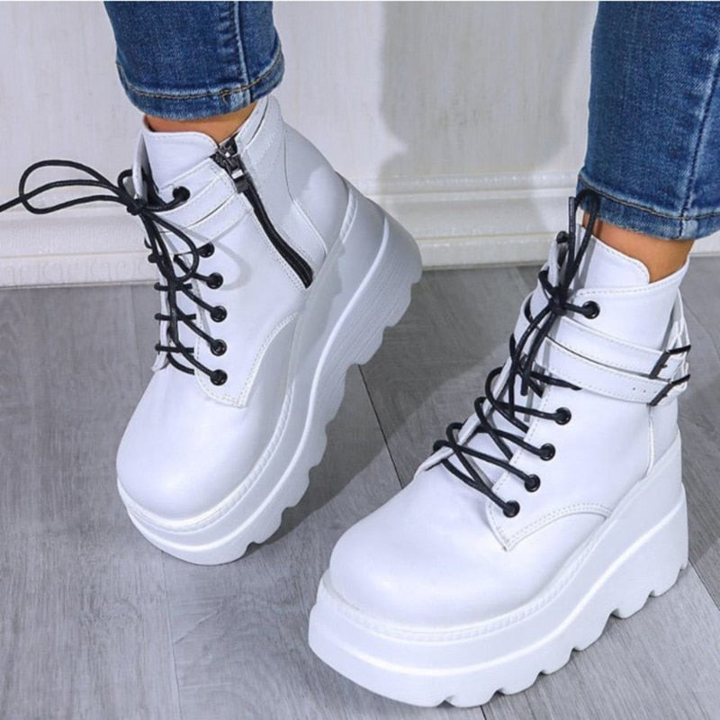 Punk Gothic Chunky Platform Ankle Boots Women 2023 Autumn Thick Bottom Demonia Boots Woman Plus Size Pu Leather Motorcycle Boots