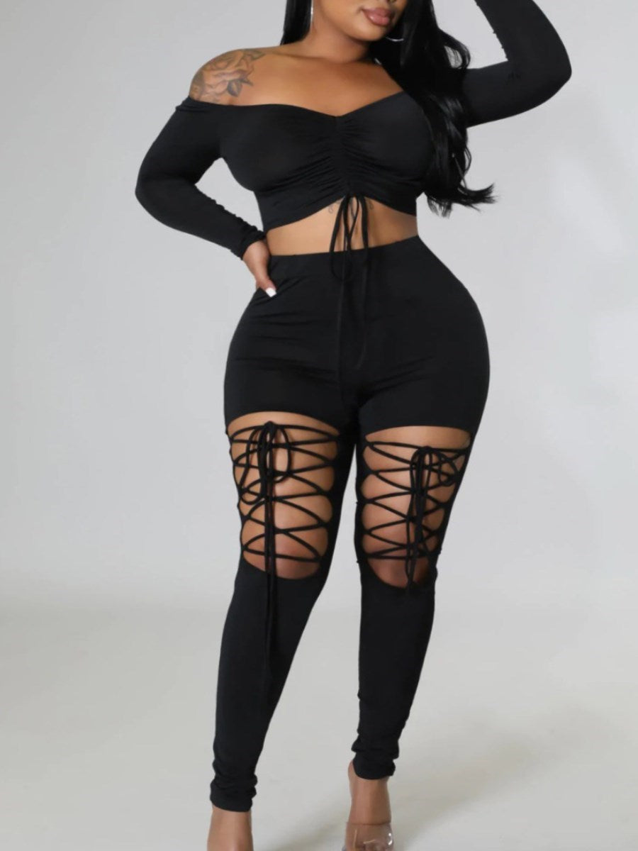 LW Plus Size Off The Shoulder Drawstring Cut Out Pants Set Two-pices Skinny Bateau Neck Long Sleeve sexy women&#39;s clothing