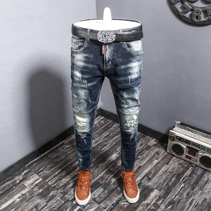 Fashion Streetwear Ripped Jeans Men Retro Blue Elastic Slim Fit Biker Jeans Homme Embroidery Designer Hip Hop Denim Pants Hombre