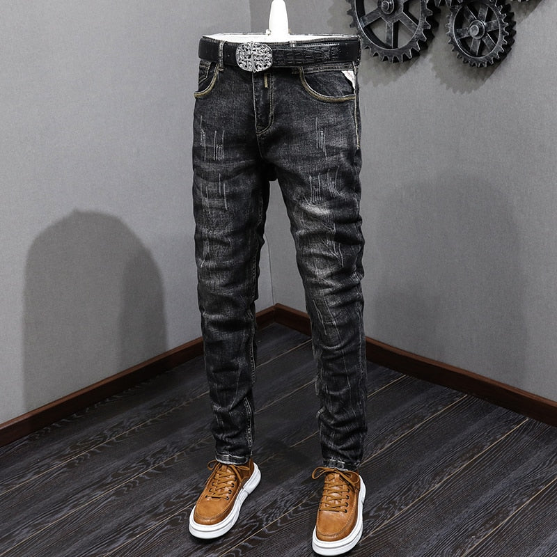 Fashion Designer Men Jeans Retro Black Gray Elastic Slim Fit Ripped Jeans Men Trousers Vintage Casual Stretch Denim Pants Hombre