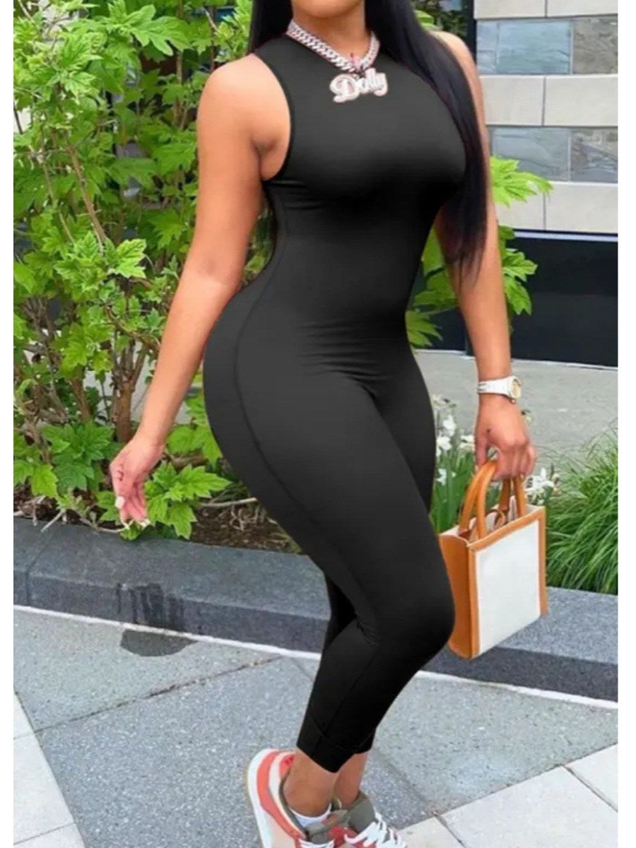 LW Plus Size Women Clothing One Piece Body-shaping Zipper Rompers Round Neck Stretchy Black Skinny Sleeveless Sexy Jumpsuit