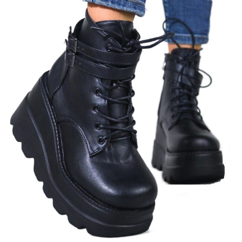 Punk Gothic Chunky Platform Ankle Boots Women 2023 Autumn Thick Bottom Demonia Boots Woman Plus Size Pu Leather Motorcycle Boots