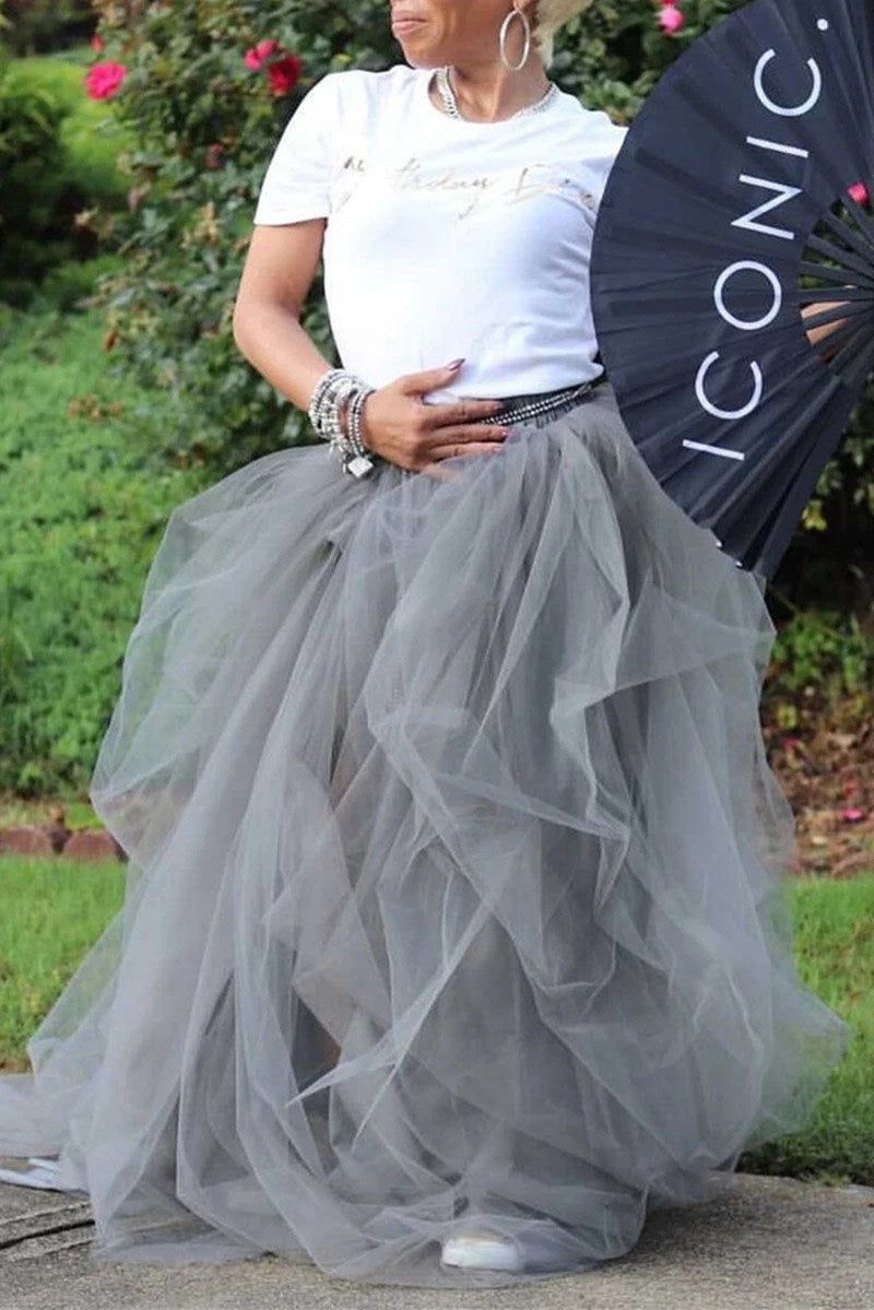 LW Plus Size Split Ball Gown Puffy Skirt 2022 Casual Elastic Mesh Puffy Women&#39;s Irregular Ball Gown Lady Oversize Tulle Skirt