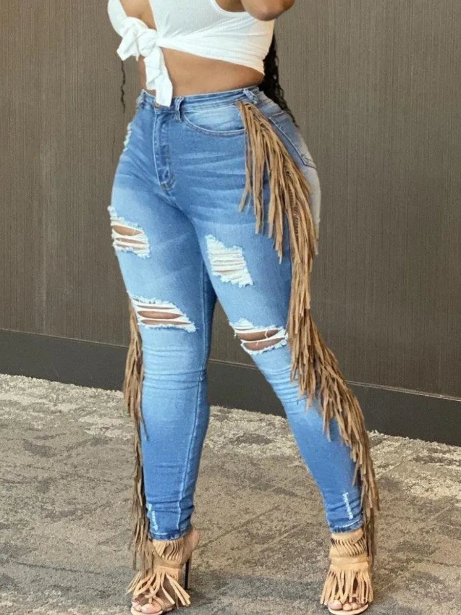 LW Plus Size summer jeans Tassel Design Ripped Jeans skinny Pants Ladies Jeans Y2K Summer High Street Cargo Pants