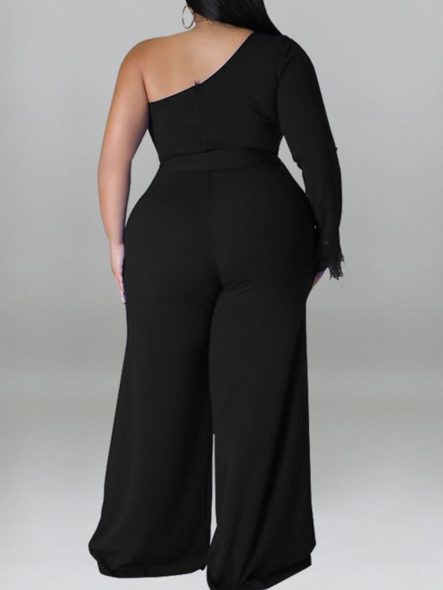 LW Plus Size Women Bodycon Rompers Solid Sexy High Waist Jumpsuit One Shoulder Wide Leg Jumpsuit Autumn NEW women Jumpsuit