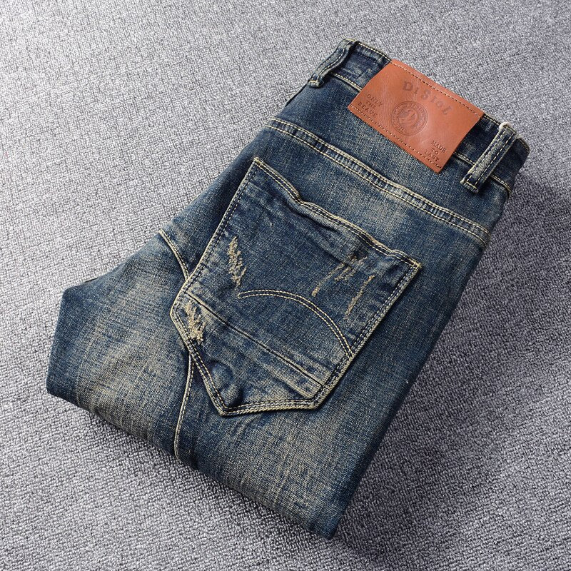 Streetwear Fashion Men Jeans Retro Black Blue Elastic Slim Fit Ripped Jeans Men Spliced Designer Hip Hop Denim Pants Hombre