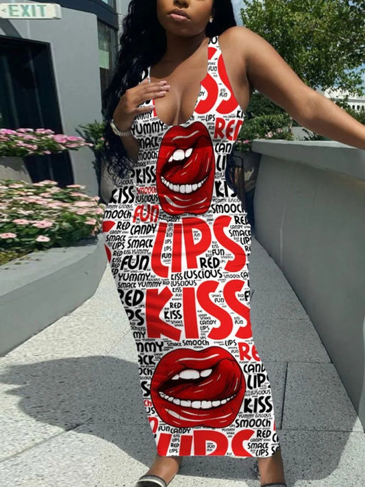 LW Plus Size Dress Street Lip Letter Print Red Ankle Length Sporty Sleeveless Tank V Neck Sheath Summer Outfits Women Clothing