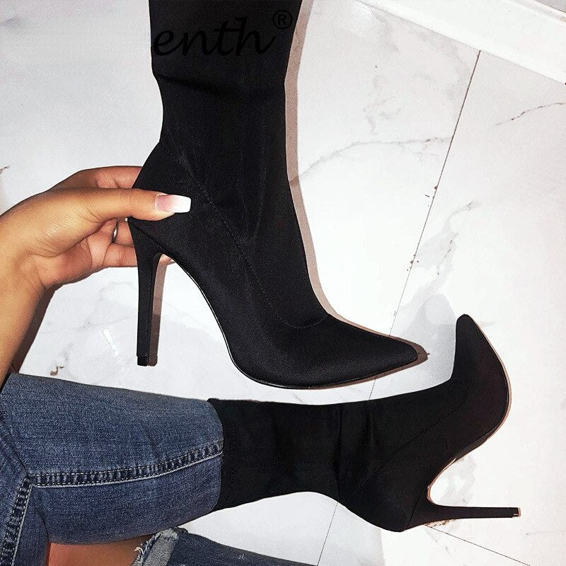 2023 Women High Heels Silk Sock Boots Female Green Short Ankle Boots Lady Stripper Winter Pointed Toe Gothic Designer Boots