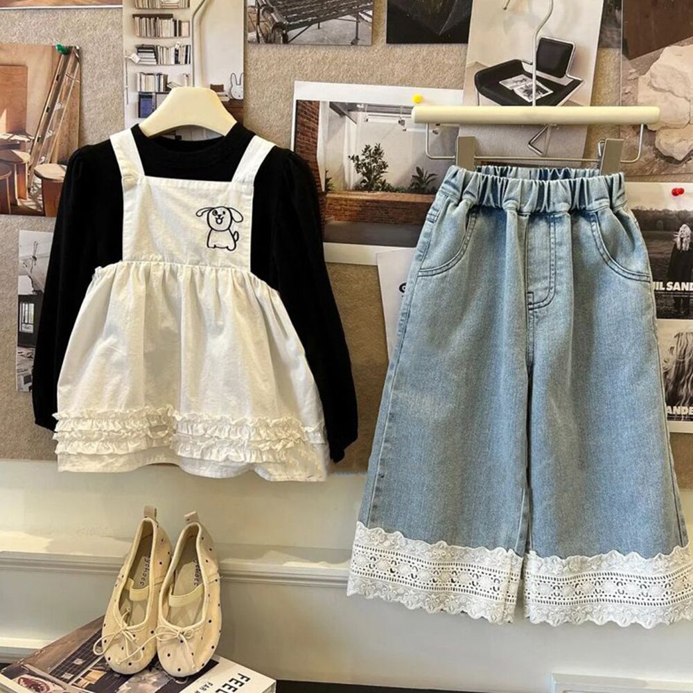 Bear Leader Girls Straight Lace Jeans Summer Children's Versatile Wide Leg Pants Sweet Casual Pants Fashion Girl Jeans Clothes