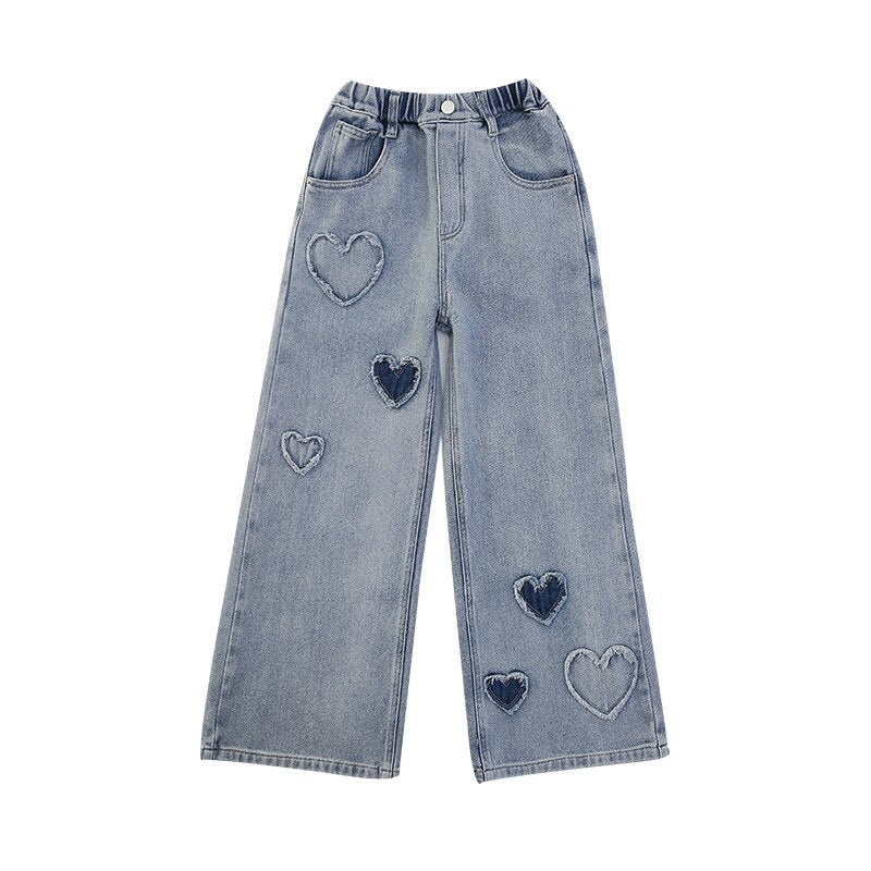 New Fashion Teenager Girls Denim Wide Leg Pants Children Trousers Spring Autumn Love Pattern Girls Jeans 5-14 Years Kids Clothes