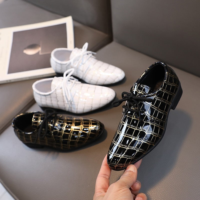 Children Kids Leather Flats Toddler Medium Big Boys Lace Up Classic Style Fashion Leather White Black Plaid Wedding Stage Shoes