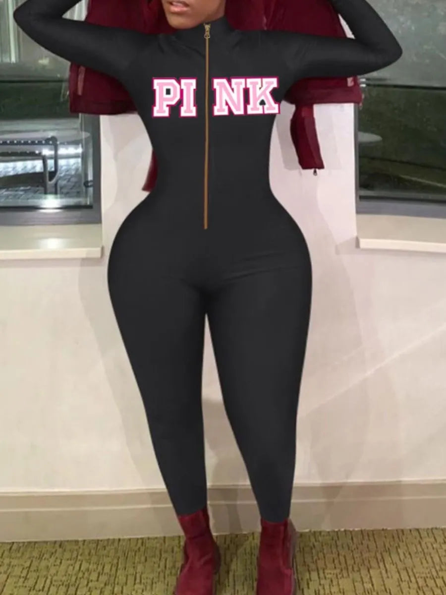 LW Plus Size Woman Zipper Jumpsuits Pink Letter Print Skinny Jumpsuit Sexy Streetwear Casual Rompers Sportswear Jumpsuit