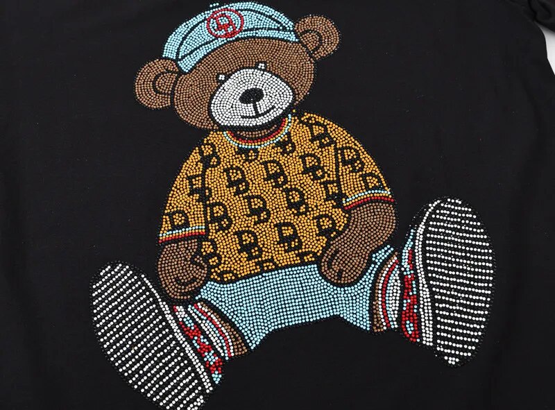 Fashion Cartoon Bear Rhinestones T Shirts Women Clothes Streetwear O Neck Ladies Short Sleeve Tshirts Womens Top Tees Plus Size