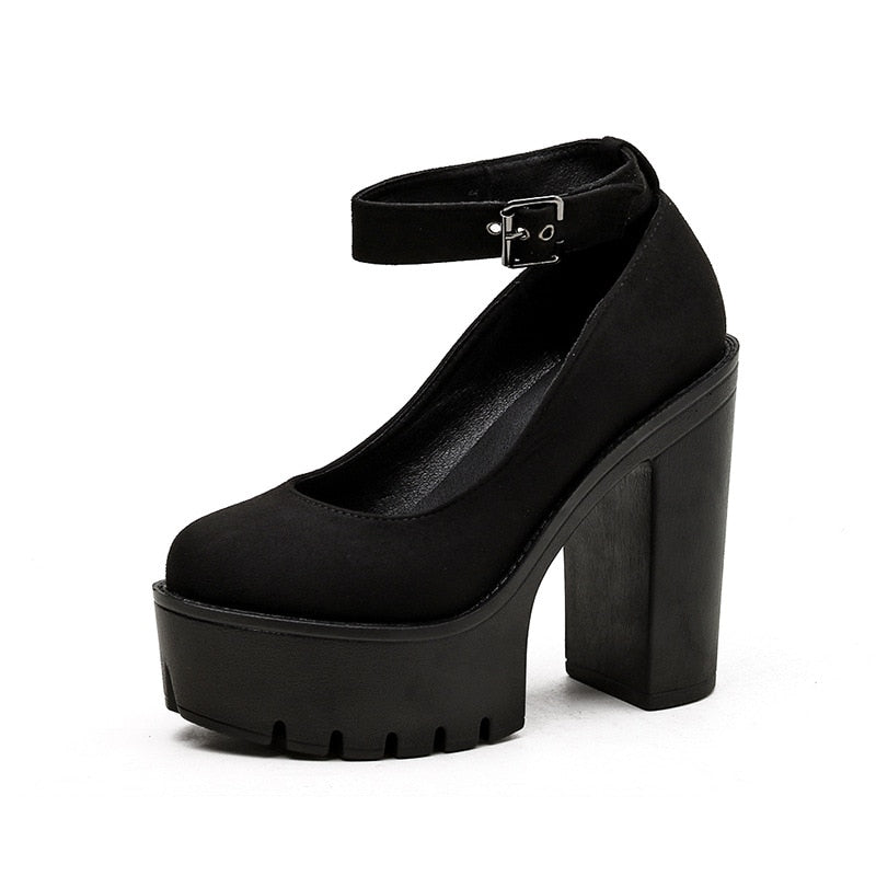 5cm Waterproof Platform New Fashion Round Toe Pumps Square High Heels Ankle Strap Black Sexy Women Shoes 38 39 40