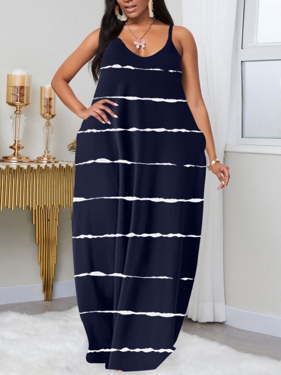 LW Plus Size summer dress Casual V Neck Print Dark Blue Floor Length A Line Dress V Neck 2023 NEW casual women&#39;s dress