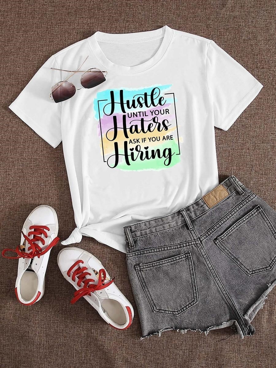 LW Plus Size Hustle Letter Print T-shirt Women Oversize Loose T-Shirt Breathable Sweat Clothing Fashion Crewneck Summer Tops