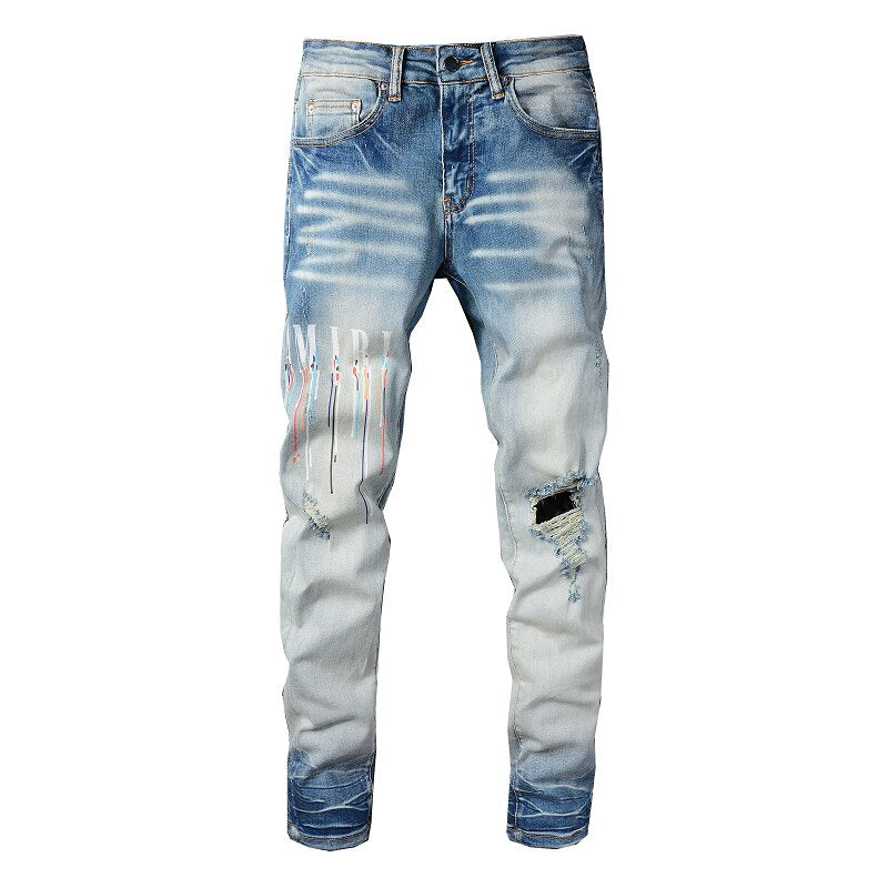 Men&#39;s Quality Distressed Black Streetwear Fashion Style Slim Printing Letters Pattern Damaged Hole Skinny Stretch Ripped Jeans