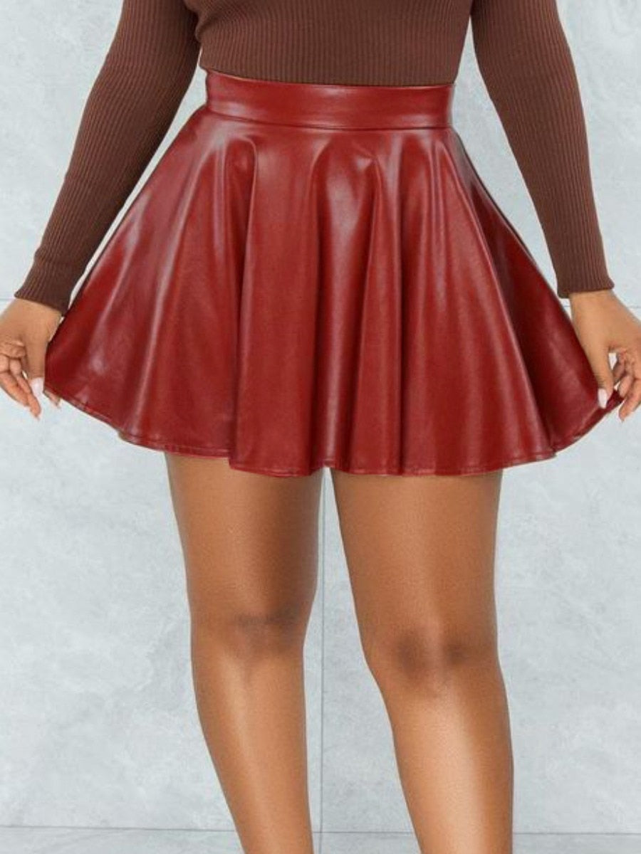 LW Basic Mid Waist Flare Super Short Skirt Sexy Solid Color PU Leather Swing Women Miniskirts Zipper Fly Daily Loose Dress