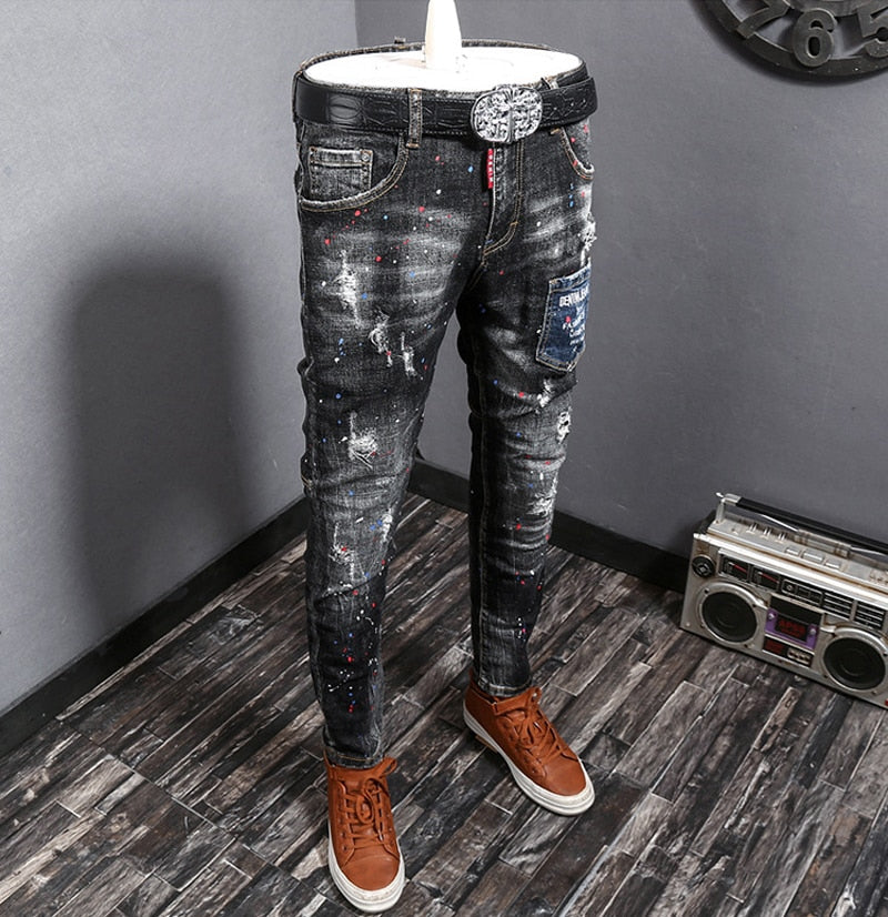 Fashion Streetwear Ripped Jeans Men Retro Blue Elastic Slim Fit Biker Jeans Homme Embroidery Designer Hip Hop Denim Pants Hombre