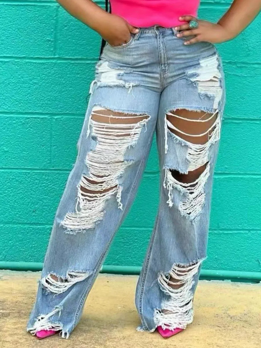 LW Plus Size Stylish Broken Holes Baby Blue Jeans Medium Stretchy Zipper Fly summer Print Denim Street cut hole women&#39;s Jeans