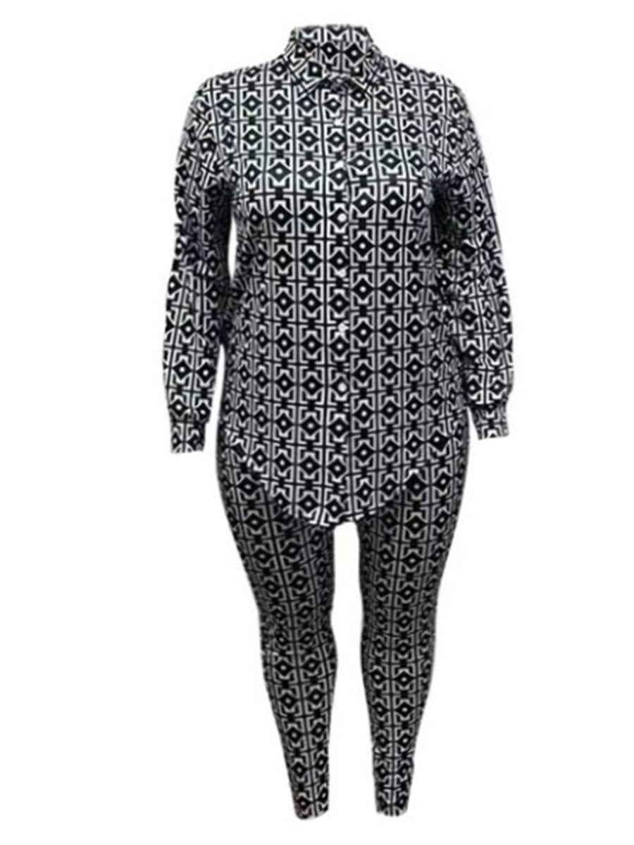 LW Plus Size Geometric Print Bandage Design Pants Set 2 PCS Long Sleeve+trousers set Women Autumn Suit