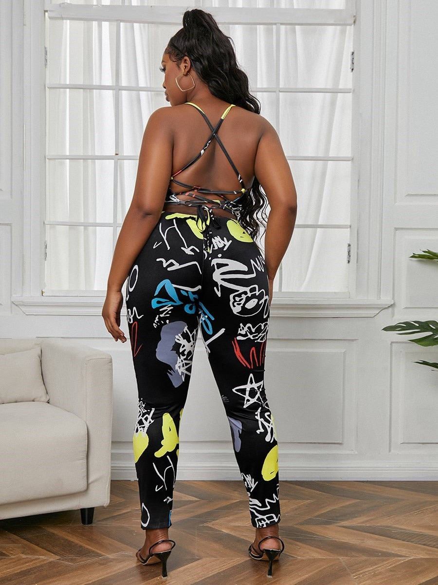 LW Plus Size Street Print Black One-piece Jumpsuit Backless Criss Cross Rompers Womens Jumpsuit for Sporty Workout Fitness