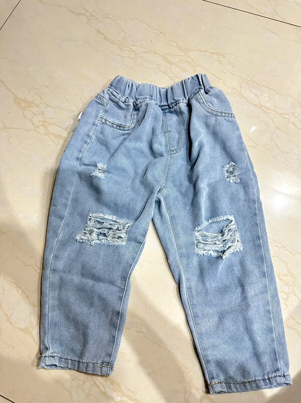 90-140cm Fashion Autumn Summer Kids Hole Trousers Children Boy Handsome Torn Patch Jeans Girls Pants Worn Jeans for Loose 청바지