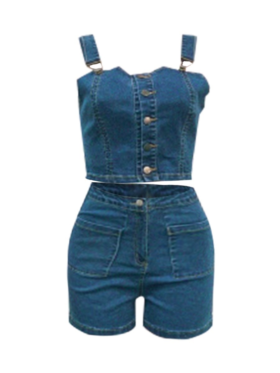 LW SXY Two-piece Shorts Set Plus Size Stylish Buttons Design Blue Spaghetti Strap Sleeveless V Neck Two-piece Shorts Set