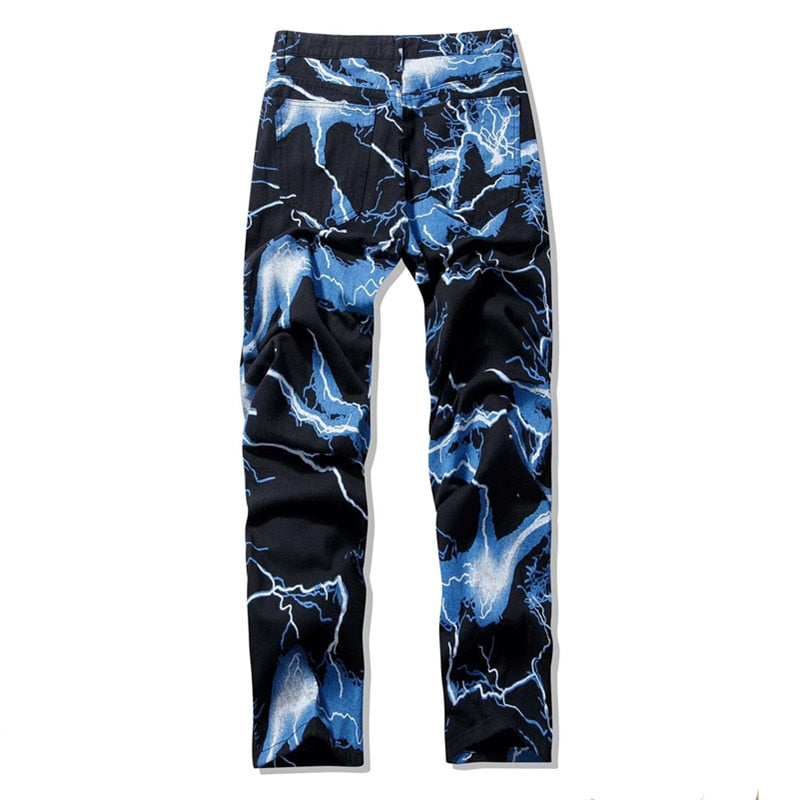 Minus Two New Fashion Mens Jeans Lightning Printed Tie Dye Black Jean Trousers Men Streetwear Y2K Denim Pants Pantalones Hombre