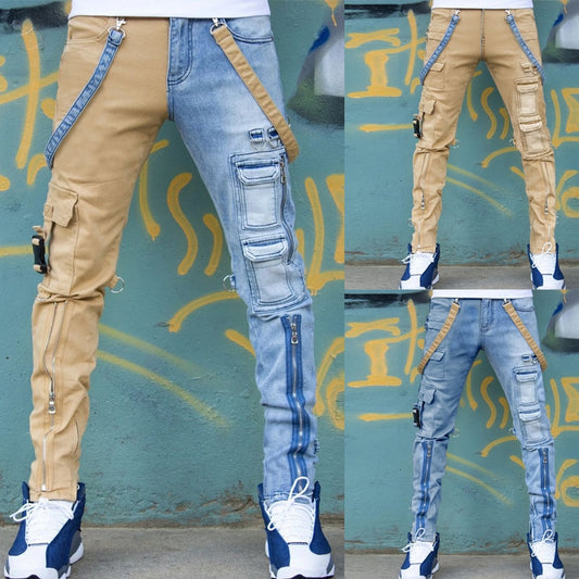 New arrive men&#39;s slim khaki blue jeans high quality pockets decoration street fashion casual pants stylish sexy cargo jeans men;