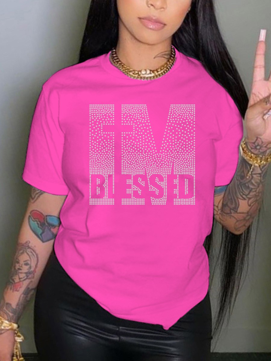 LW Plus Size Summer Women Round Neck Tee Tops Rhinestone Blessed Letter T-shirt  Casual Short Sleeve Crop Tops Sexy T-shirt