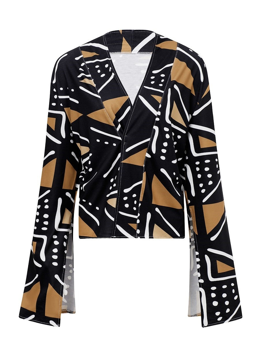 LW Plus Size Geometric Print Split Sleeve Coat (Without Belt) Single Breasted Turndown Collar Tribal Autumn Fashion Streetwears