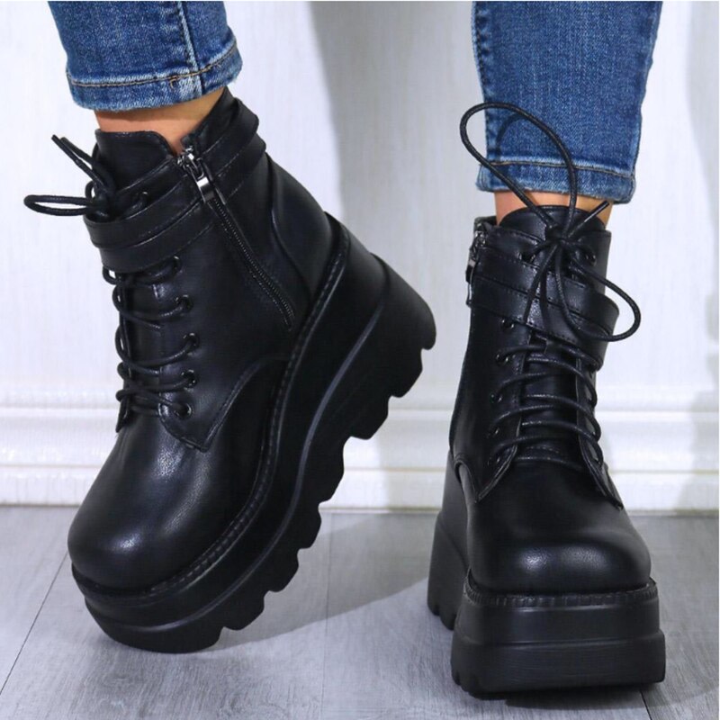 Punk Gothic Chunky Platform Ankle Boots Women 2023 Autumn Thick Bottom Demonia Boots Woman Plus Size Pu Leather Motorcycle Boots