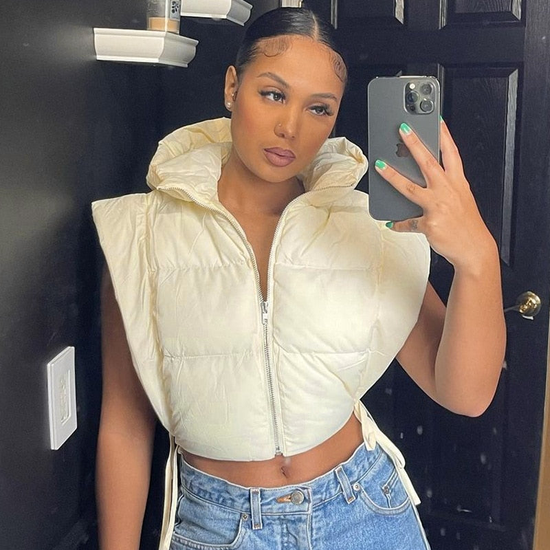 Short down jacket cropped puffer Bubble Coat Sleeveless Zip Up Hoodie Cropped Outerwear Lace Slit Crop Top women's puffer jacket