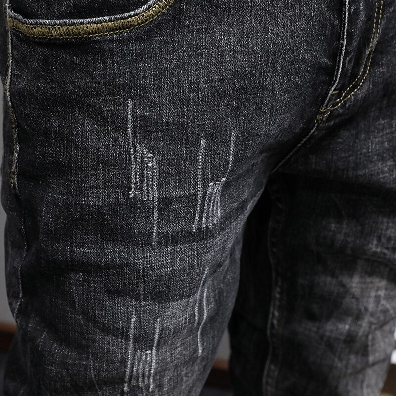 Fashion Designer Men Jeans Retro Black Gray Elastic Slim Fit Ripped Jeans Men Trousers Vintage Casual Stretch Denim Pants Hombre