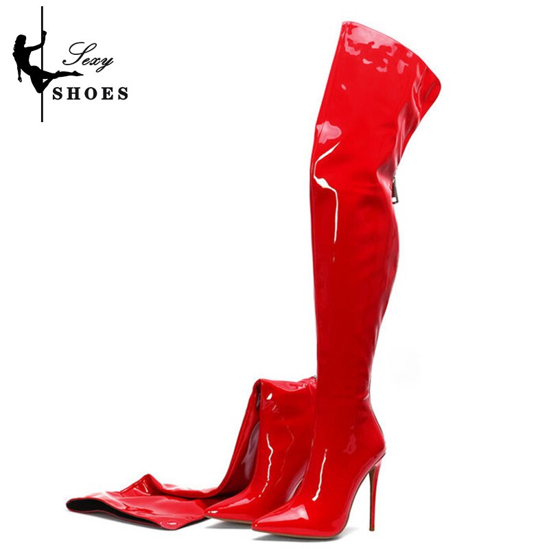 Nightclub Stretch Boots Over-the-Knee Women Shoes Patent Leather Pointed Toe Zipper Long Boots Sexy Gothic Fetish High Heels