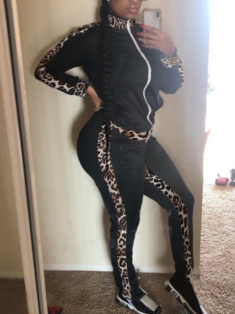 LW Plus Size Two pieces set Leopard Print Striped Pants Set 2023 Autumn long sleeve zipe top + pants set sport Lady Matching Set