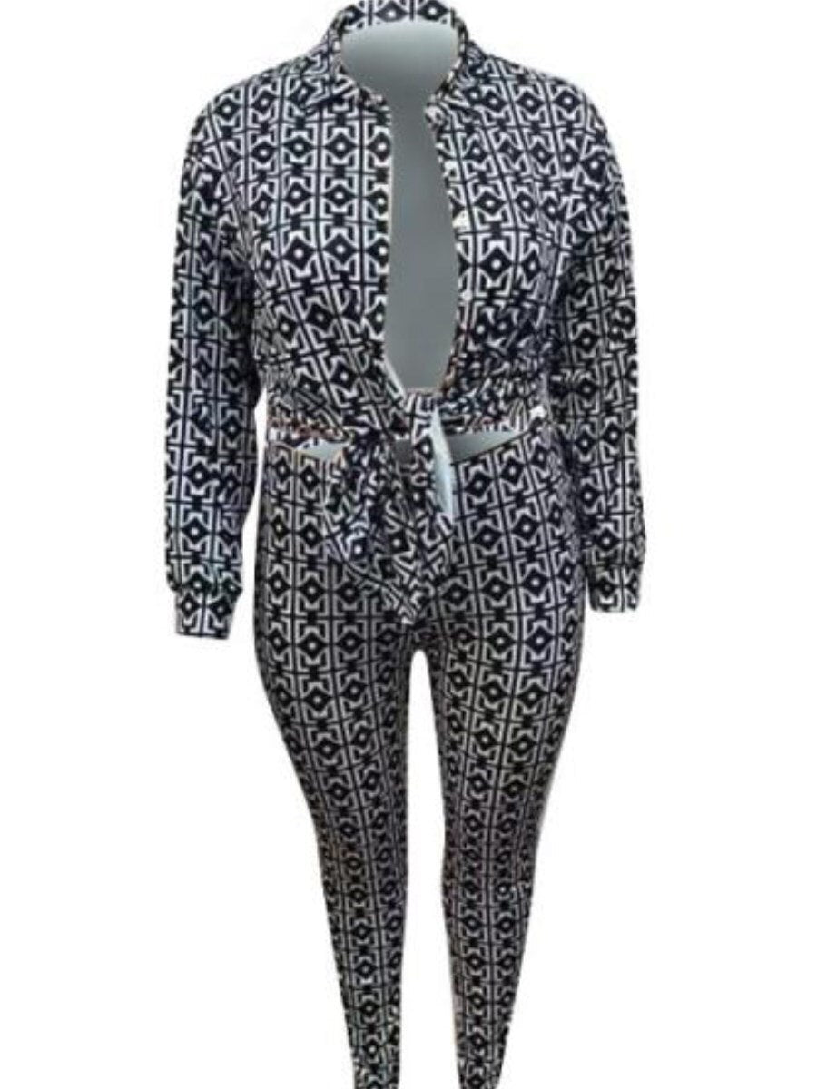 LW Plus Size Geometric Print Bandage Design Pants Set 2 PCS Long Sleeve+trousers set Women Autumn Suit