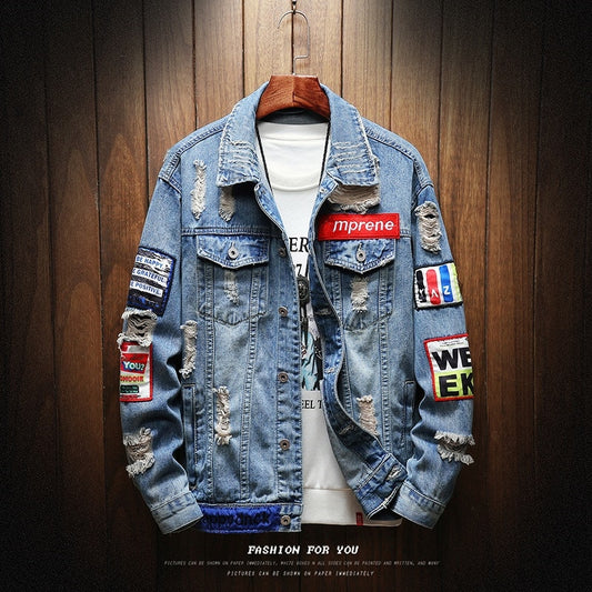 Male Jeans Coat Men Brand Denim Jacket Hip Hop Streetwear Punk Motorcycle Ripped Print Cowboy Outwear High Quality Casual Hole